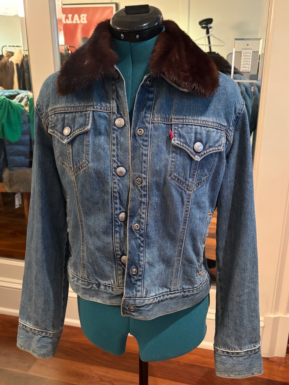 Levi's Medium Blue Denim Jacket with Dark Brown Real Mink Fur Collar